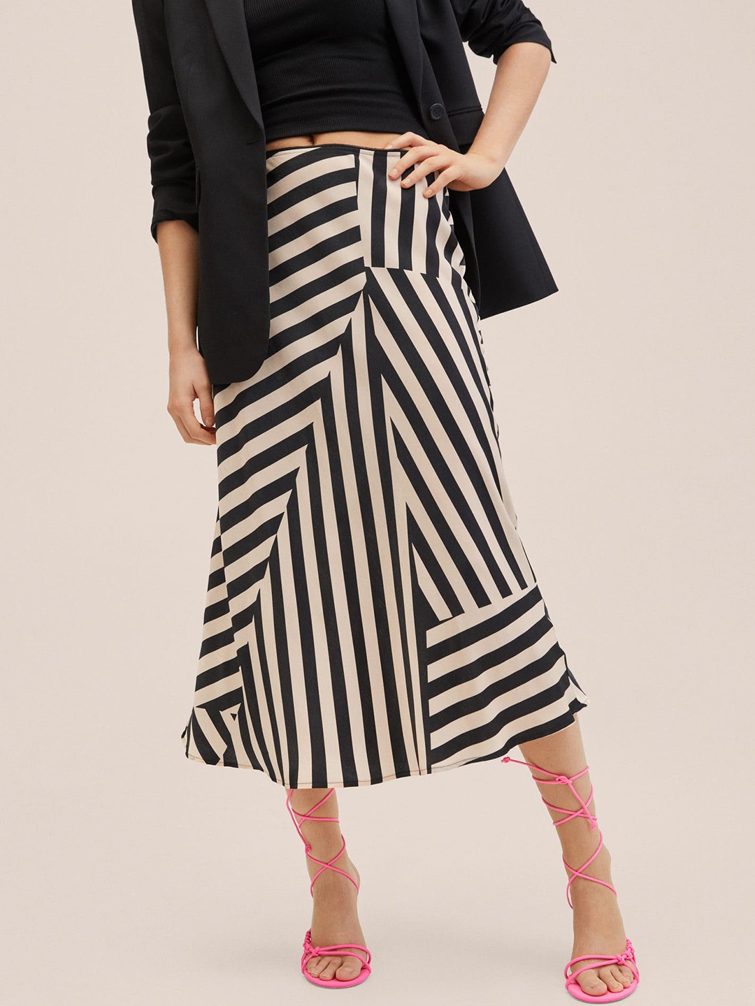 

MANGO Black & Cream-Coloured Striped A-Line Midi-Length Skirt