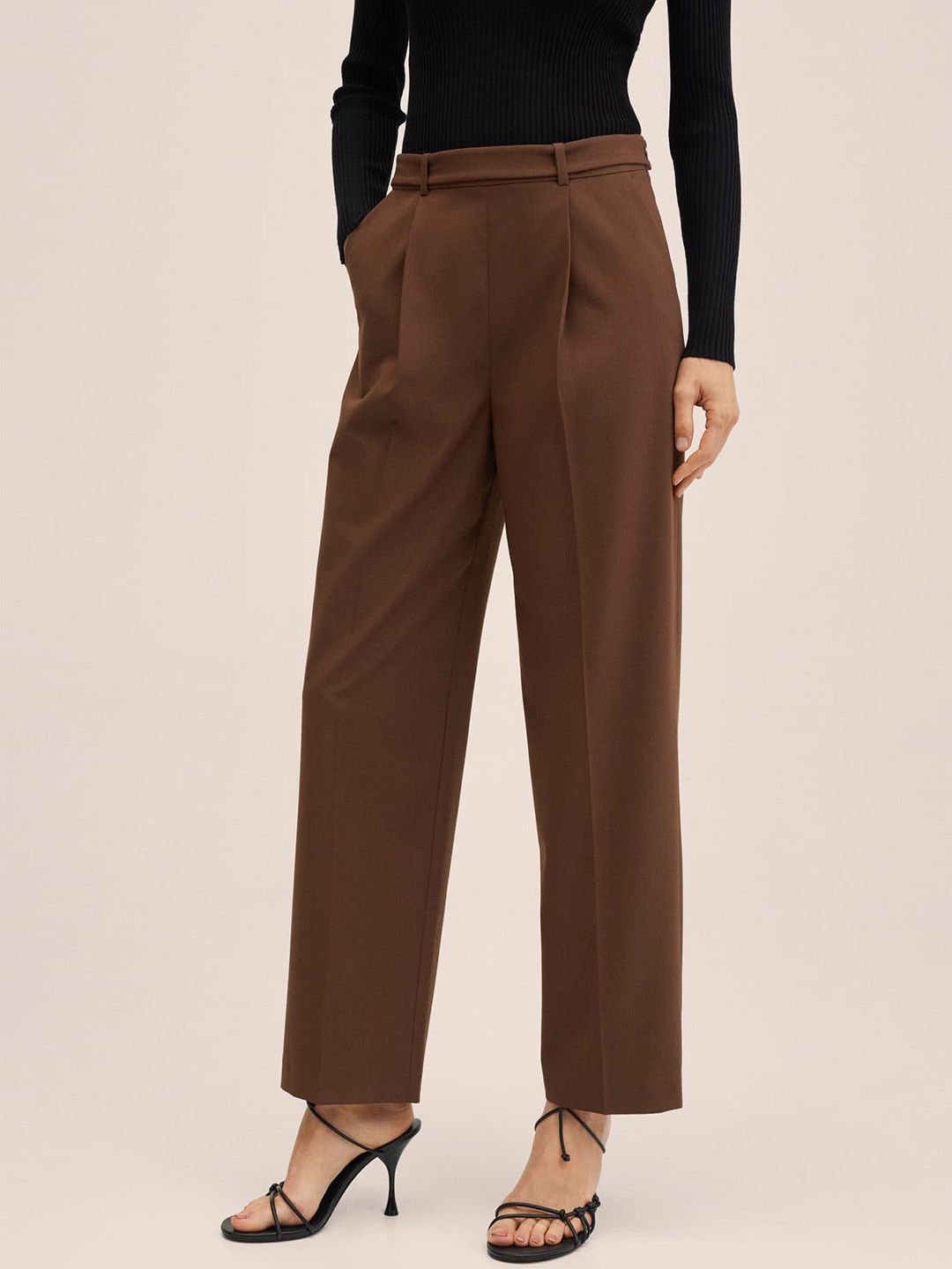 

MANGO Women Coffee Brown Pleated Trousers