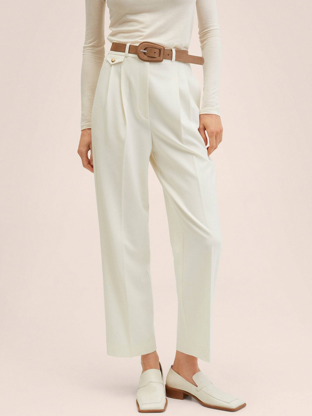 

MANGO Women Off White Pleated Trousers