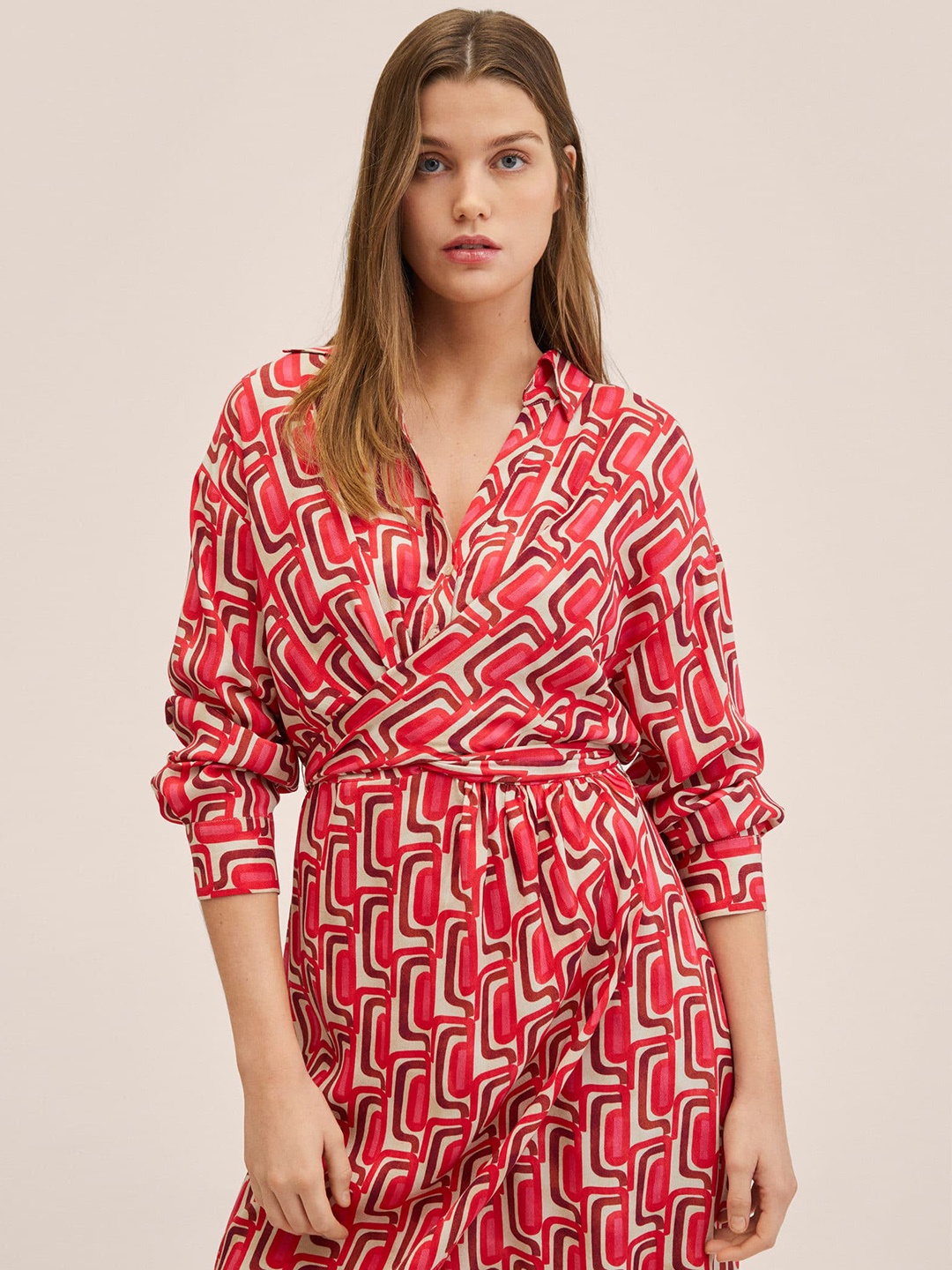 

MANGO Red & Beige Wrap Dress