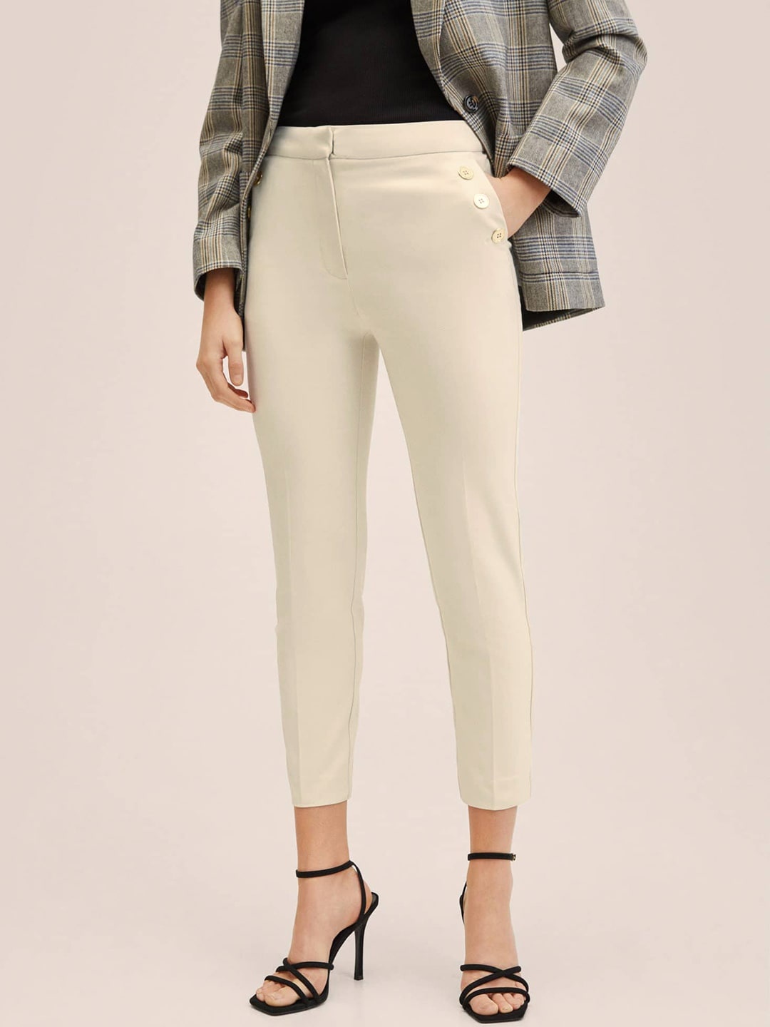 

MANGO Women Off White Solid Straight Fit Trousers