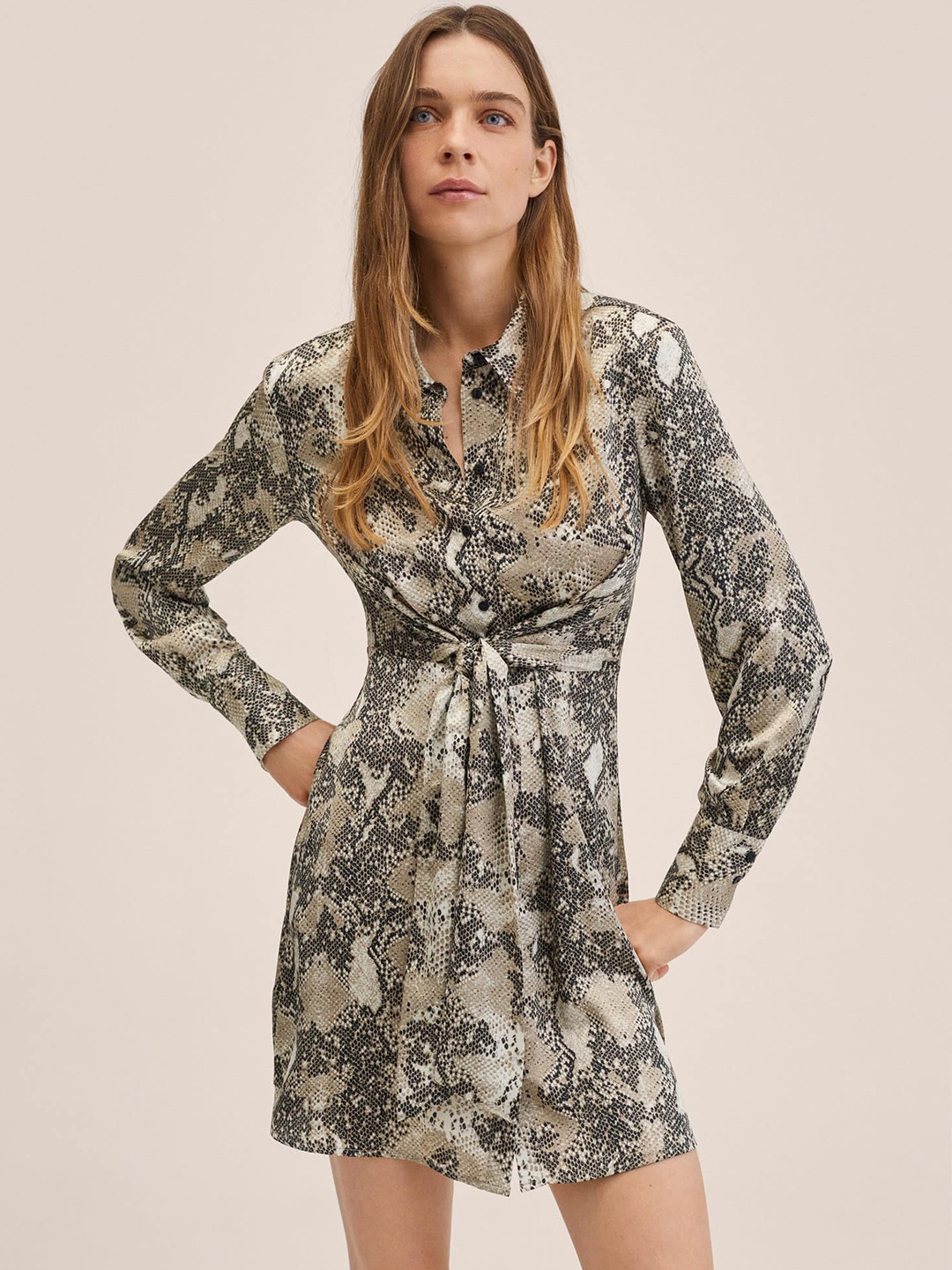 

MANGO Beige & Black Animal Shirt Dress