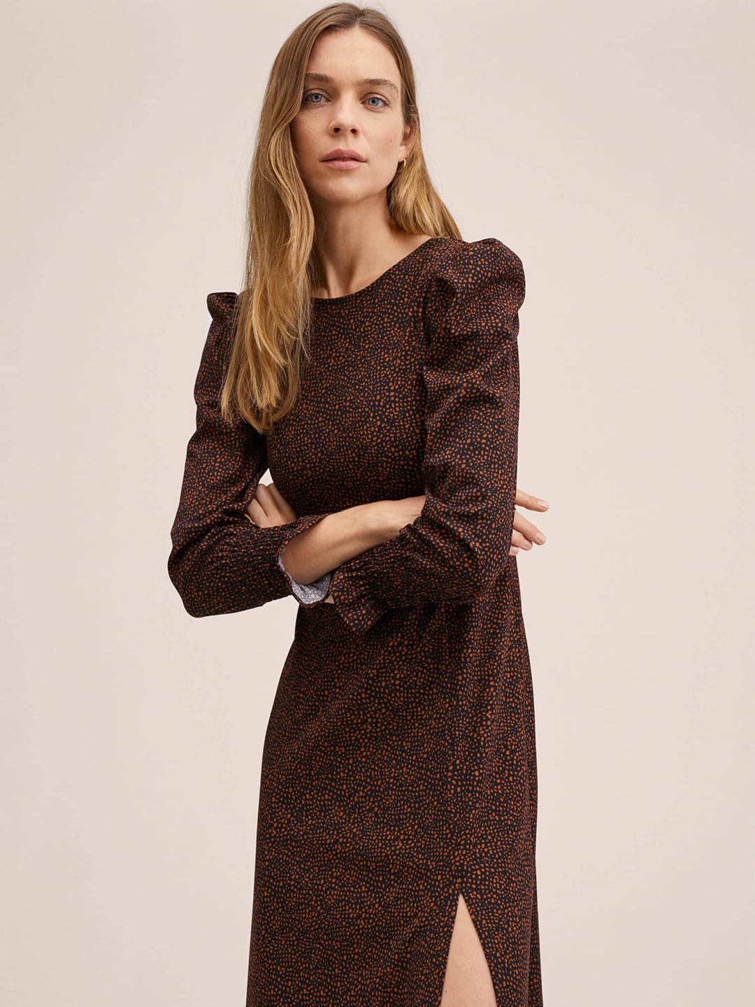 

MANGO Black & Rust Brown Floral A-Line Midi Dress