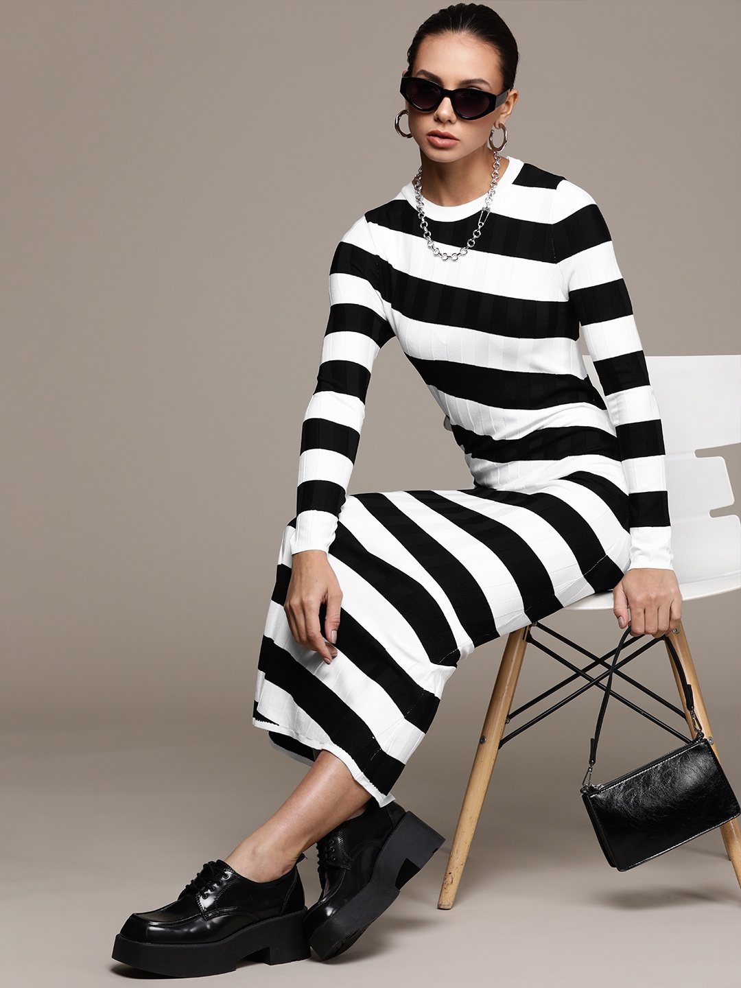 

MANGO Black & White Striped Maxi Dress