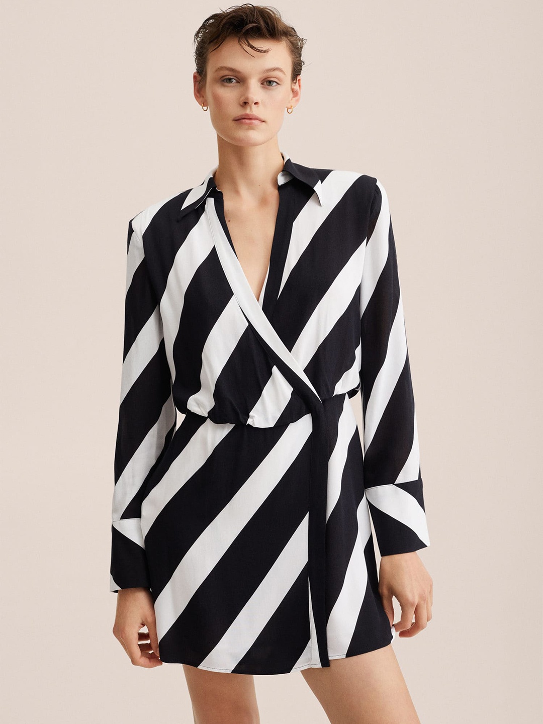 

MANGO Black & White Striped Wrap Dress