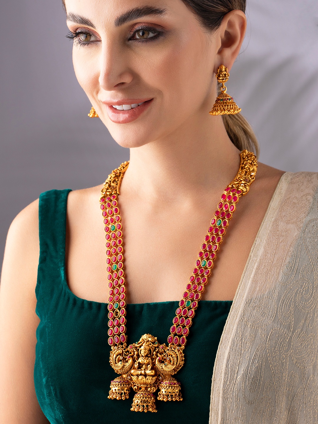 

Rubans 22K Gold-Plated Ruby Pink & Green Stone Studed Lakshmi Peacock Temple Jewellery Set