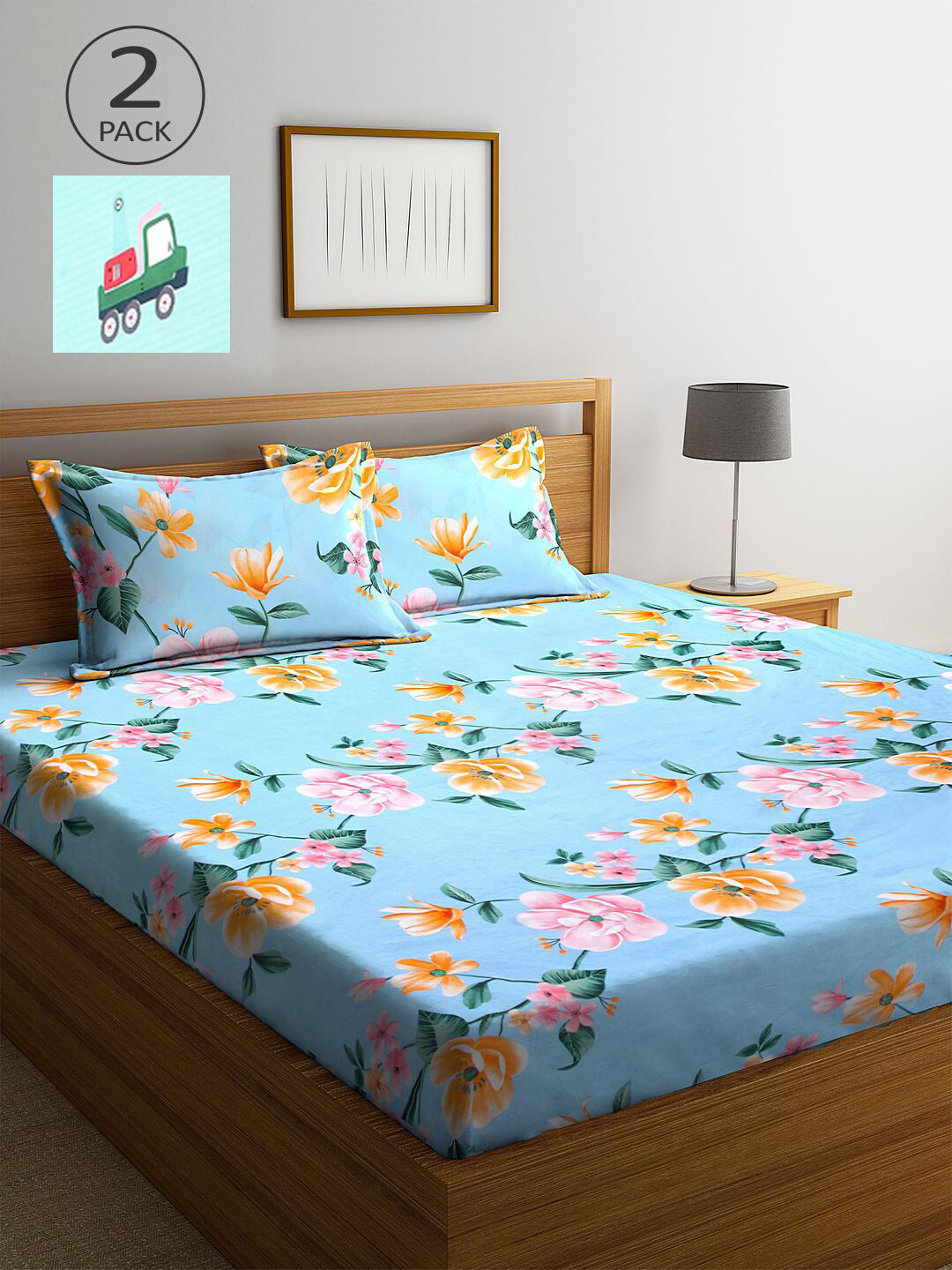 

KLOTTHE Blue & Sea Green Floral 210 TC 2 King Bedsheet with 4 Pillow Covers