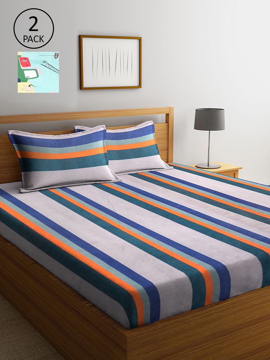 

KLOTTHE Blue & Turquoise Blue Striped 210 TC 2 King Bedsheet with 4 Pillow Covers