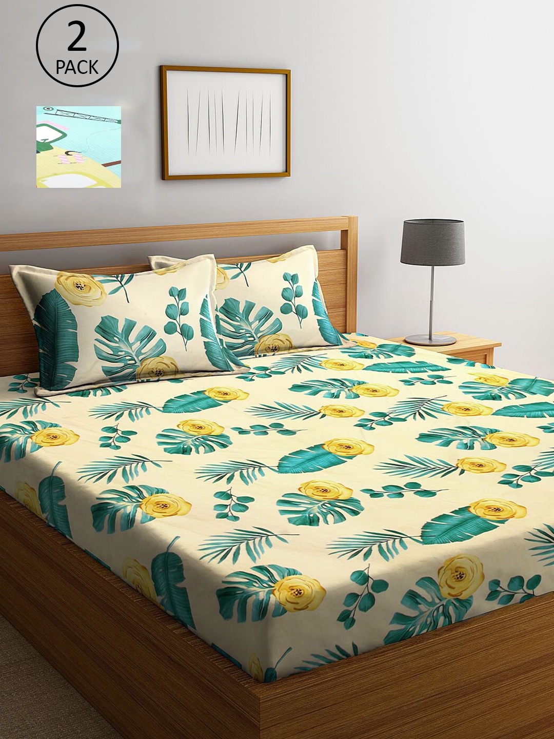 

KLOTTHE Green & Cream-Coloured Floral 210 TC 2 King Bedsheet with 4 Pillow Covers