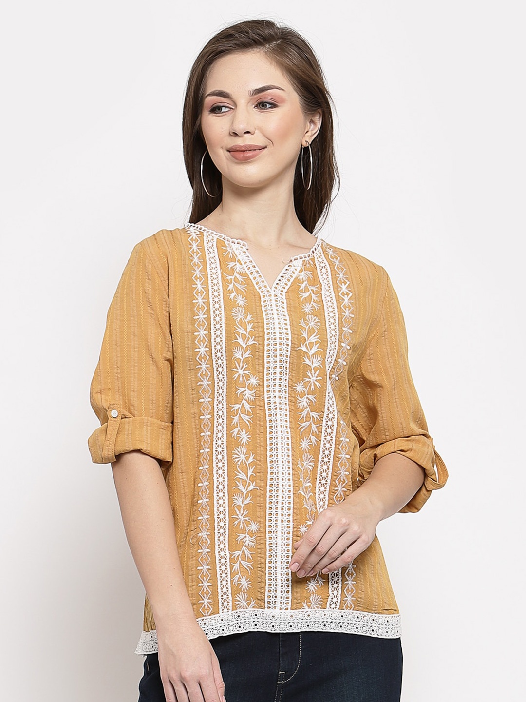 

Mafadeny Mustard Yellow & White Embroidered Roll-Up Sleeves Top