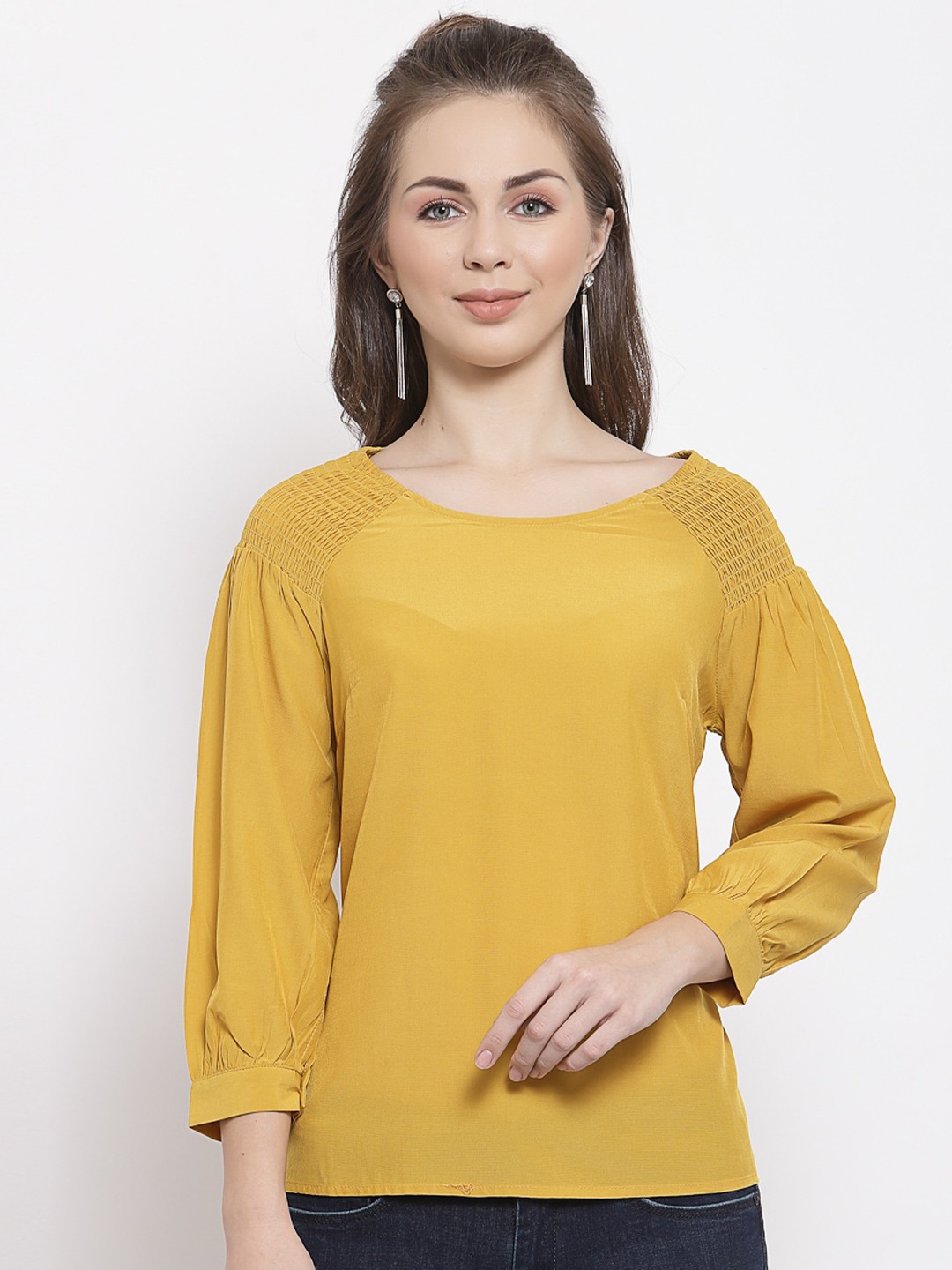 

Mafadeny Mustard Yellow Cuffed Sleeves Top