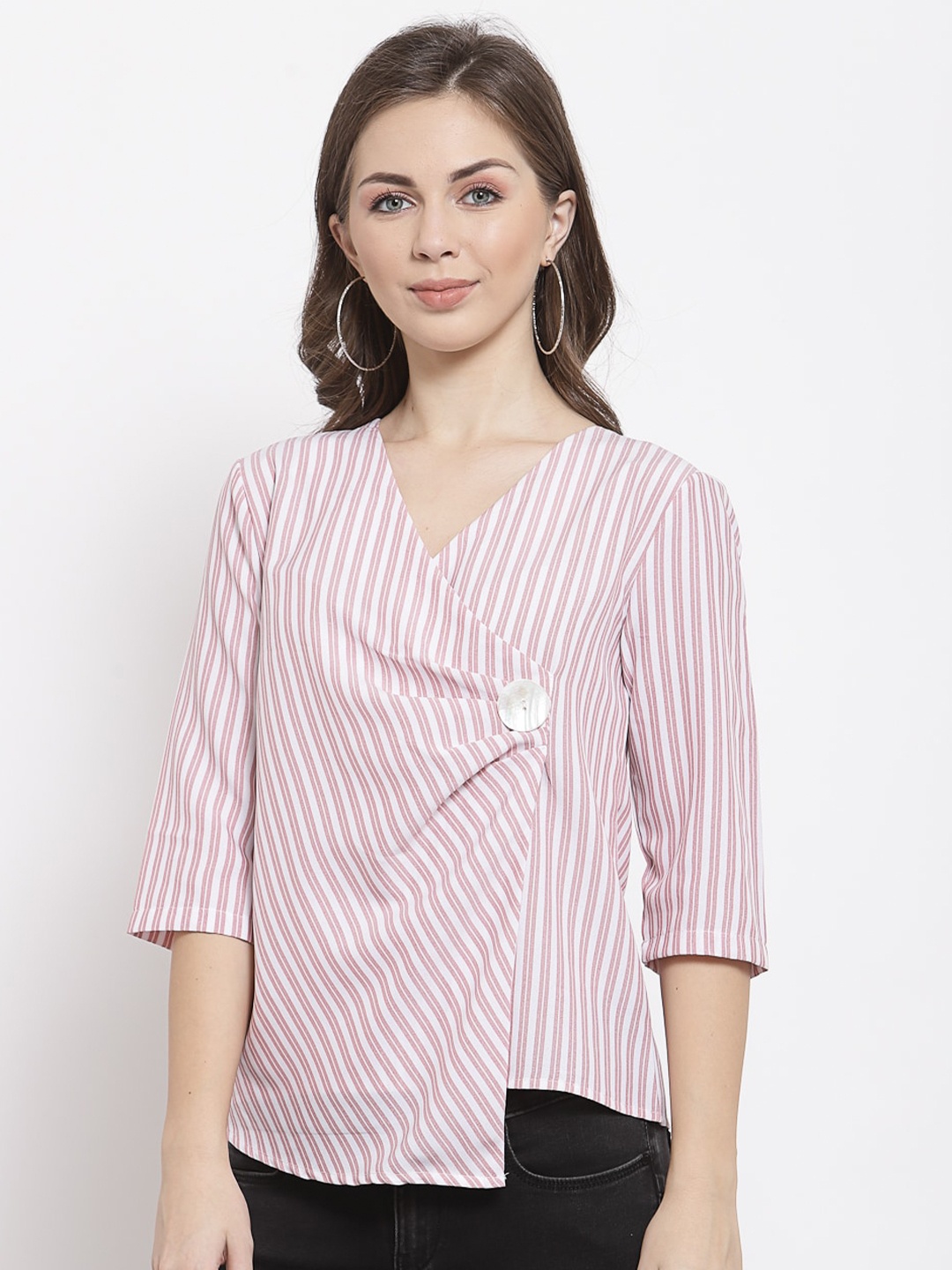 

Mafadeny Pink & White Striped Asymmetric Wrap Top