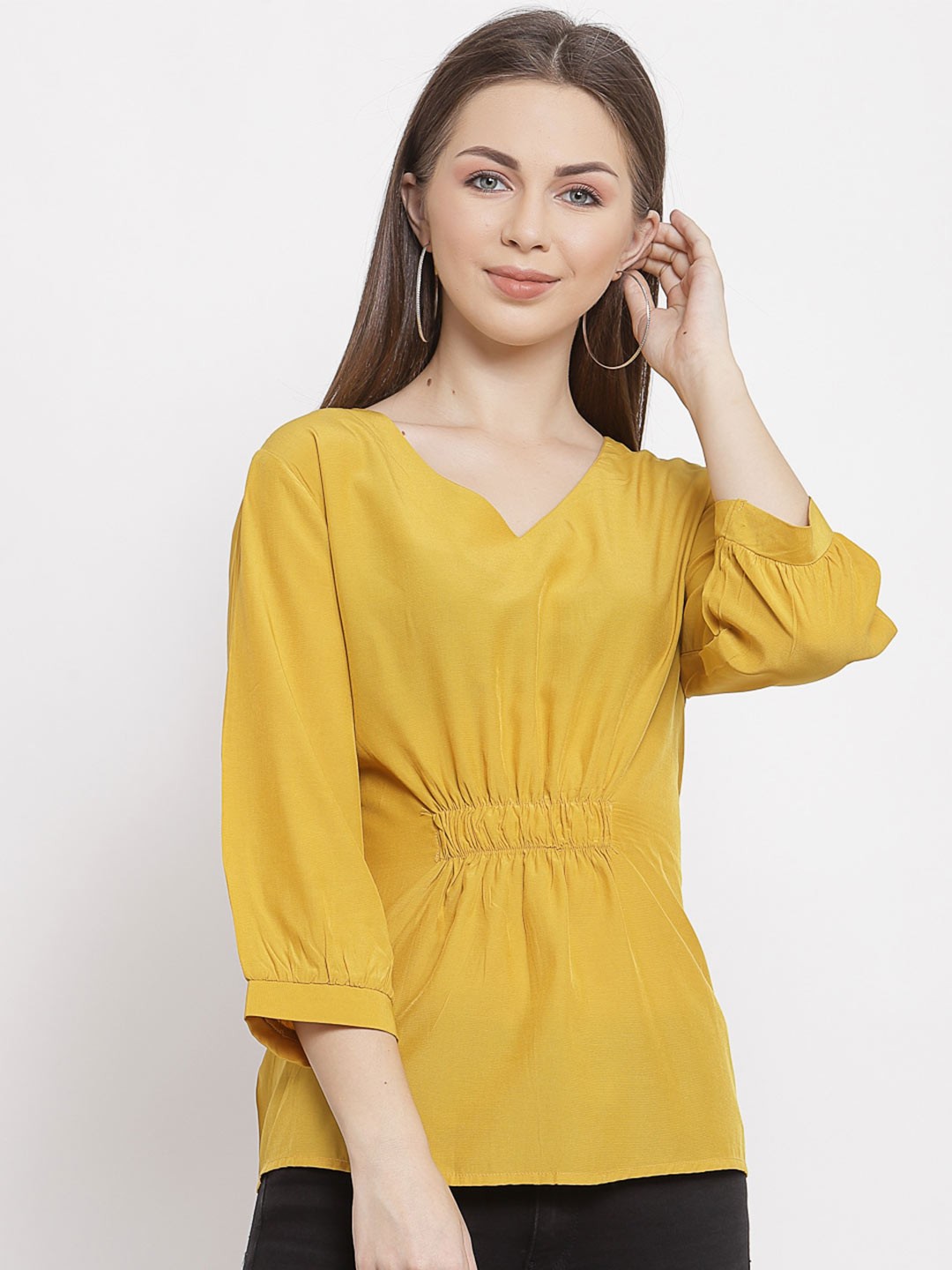 

Mafadeny Mustard Yellow Cinched Waist Top