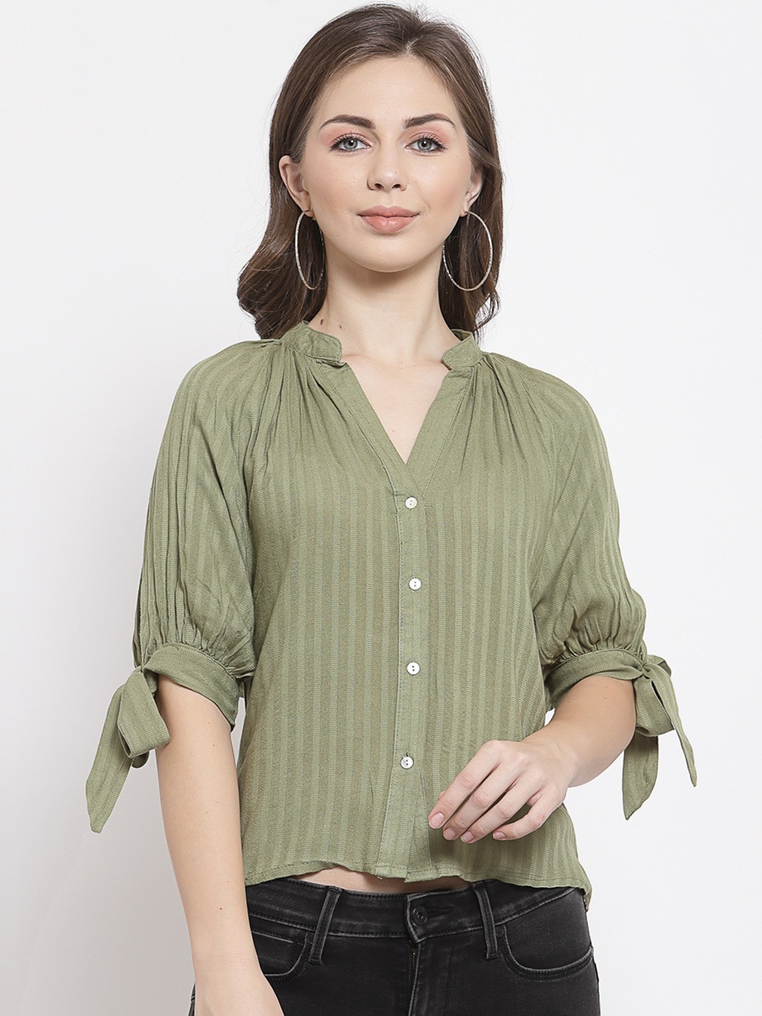 

Mafadeny Green Striped Mandarin Collar Shirt Style Top