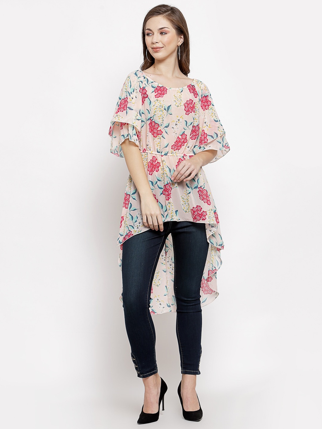 

Mafadeny Peach & Red Floral Printed High-Low Longline Top