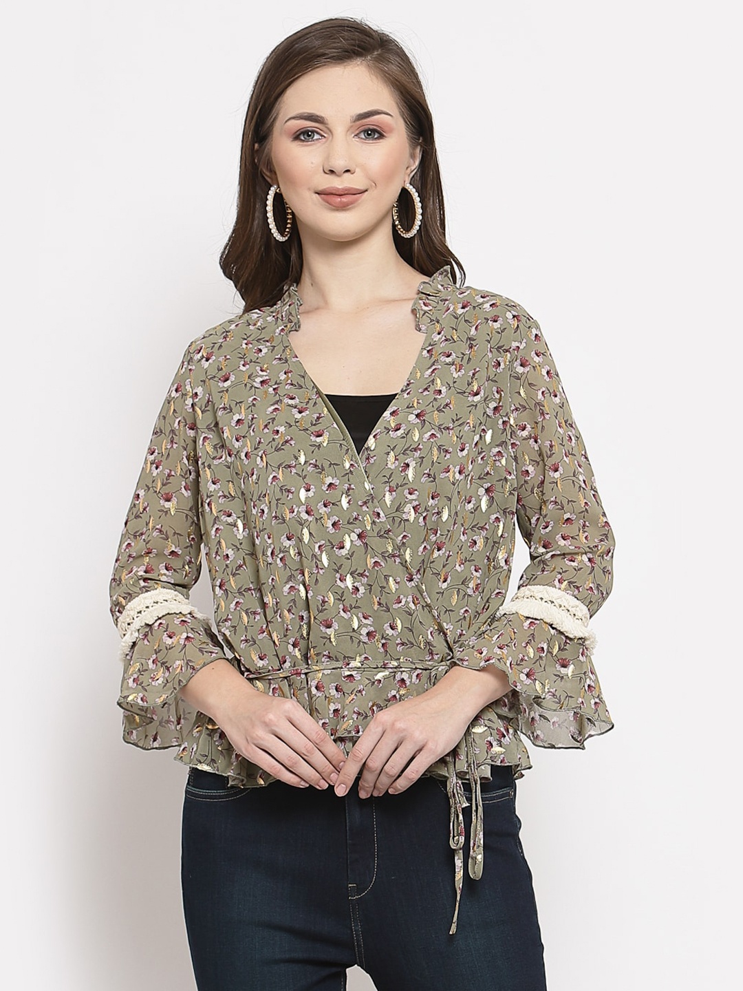 

Mafadeny Olive Green & Red Print Wrap Top