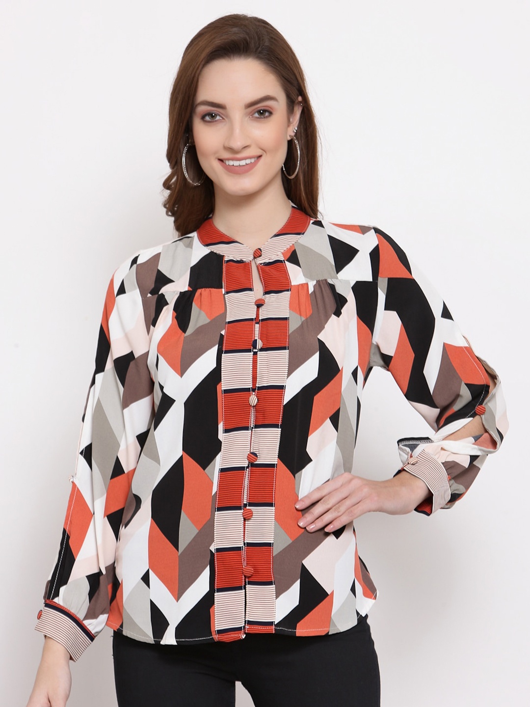 

Mafadeny Rust & Black Geometric Print Mandarin Collar Shirt Style Top