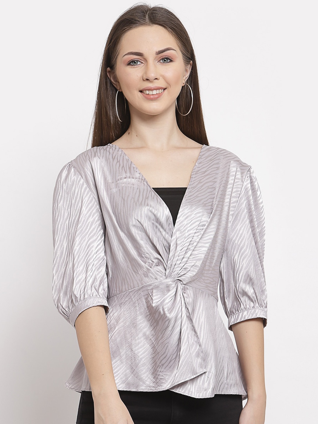 

Mafadeny Grey Print Twisted Peplum Top