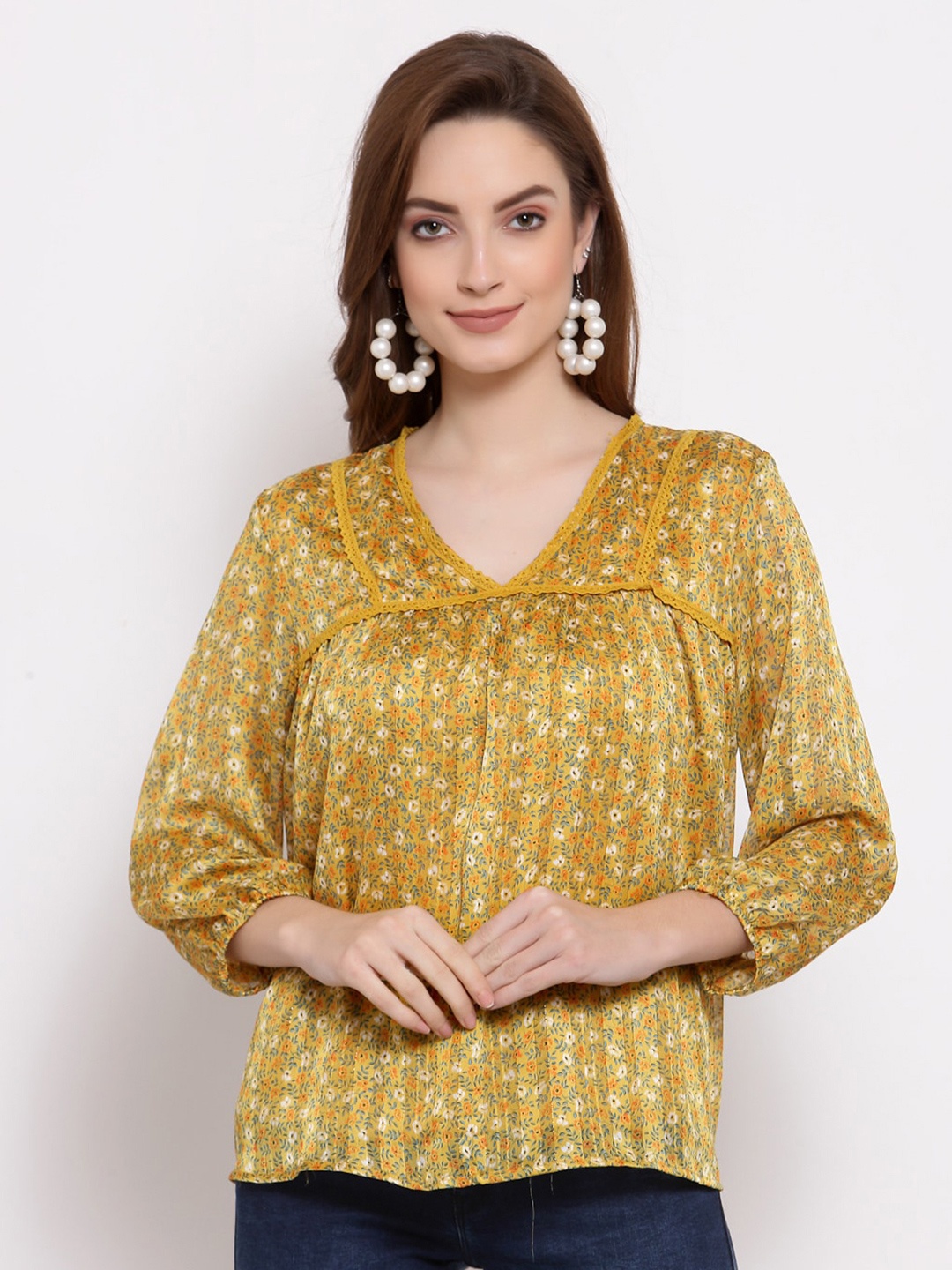 

Mafadeny Mustard Yellow & Blue Floral Print Satin Top