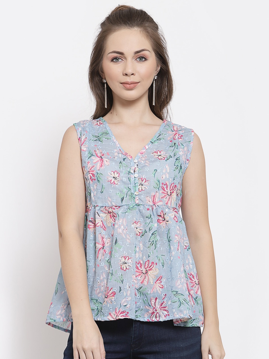 

Mafadeny Blue Floral Print Top