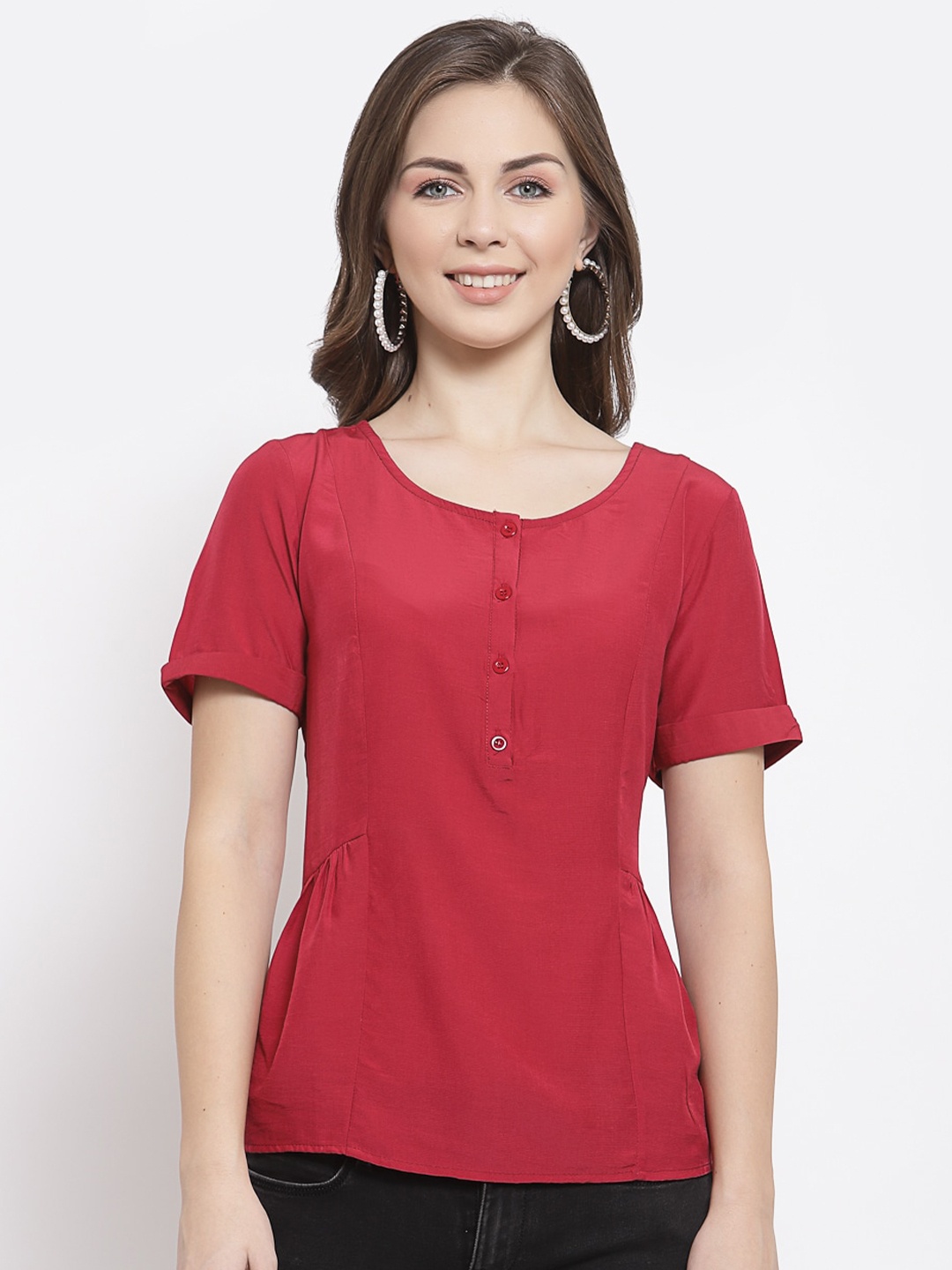 

Mafadeny Maroon Solid Casual Top