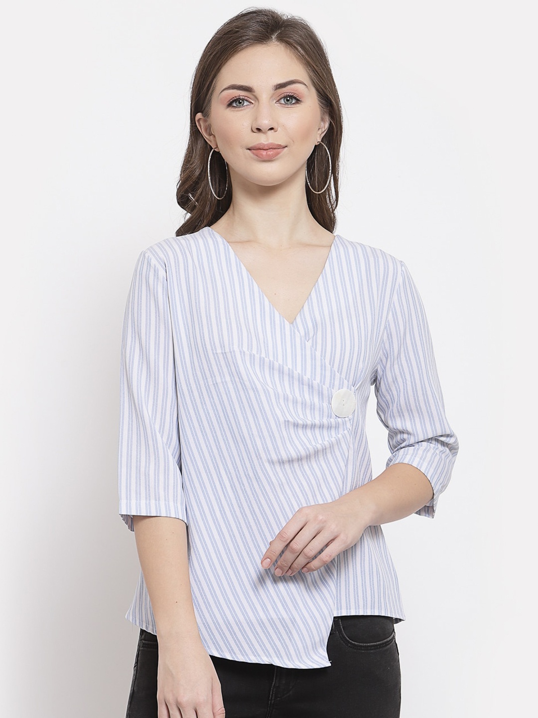 

Mafadeny Blue & White Striped Wrap Top