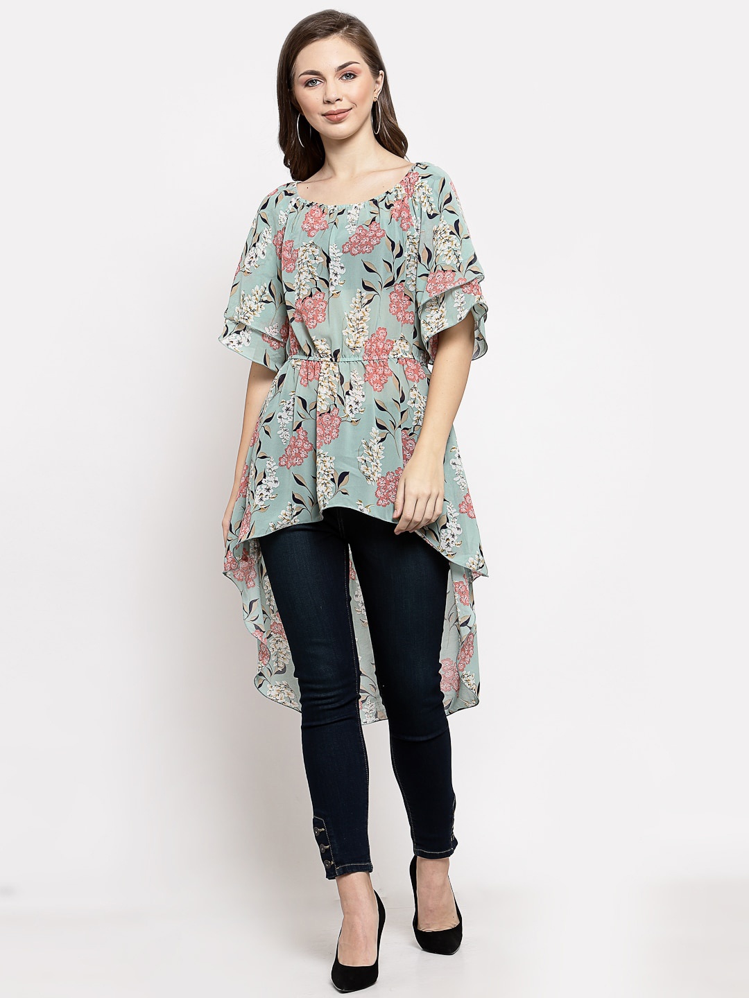 

Mafadeny Green & Coral Floral Printed High-Low Longline Top