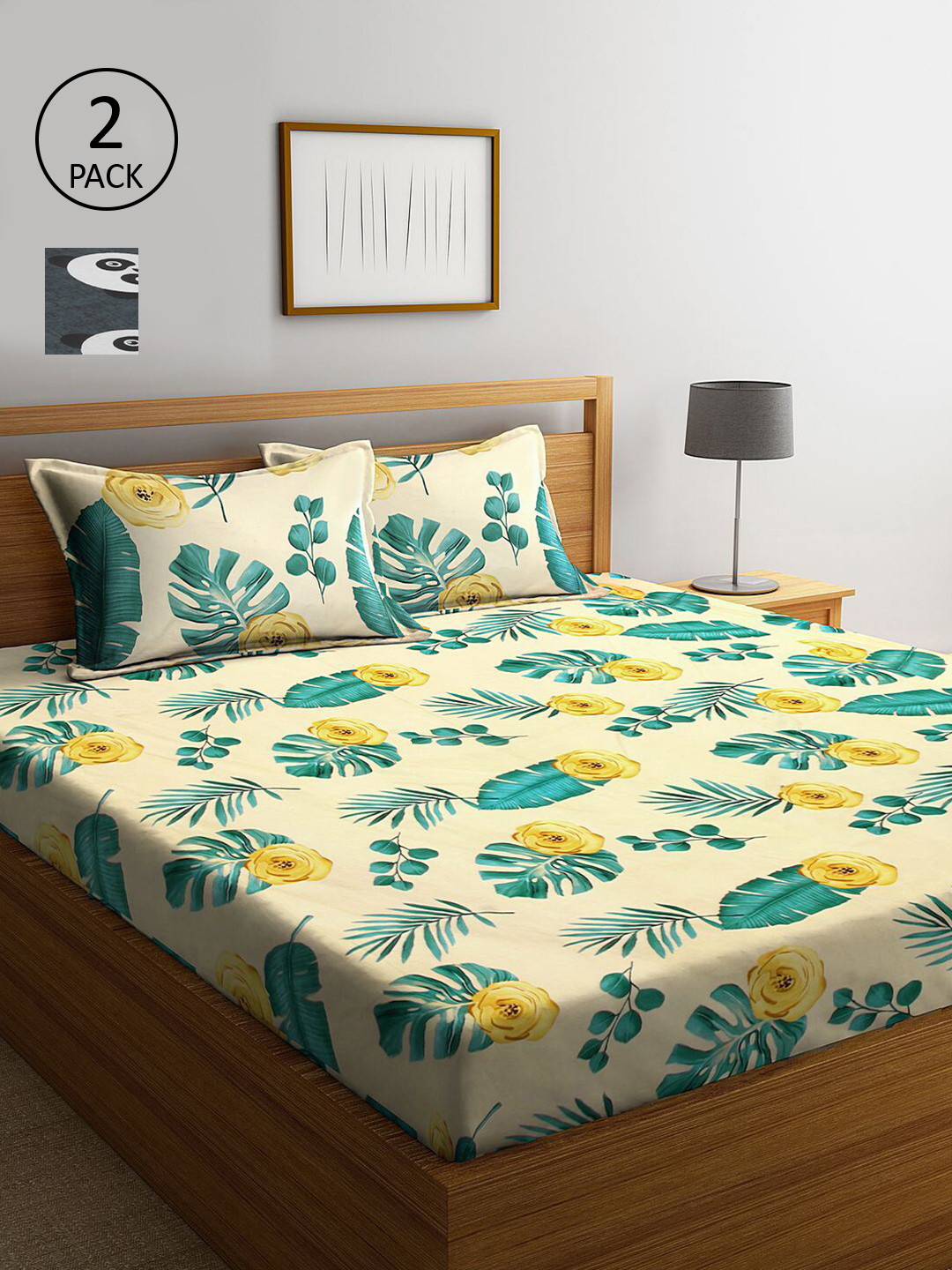 

KLOTTHE Cream-Coloured & Grey Floral 210 TC 2 King Bedsheet with 4 Pillow Covers