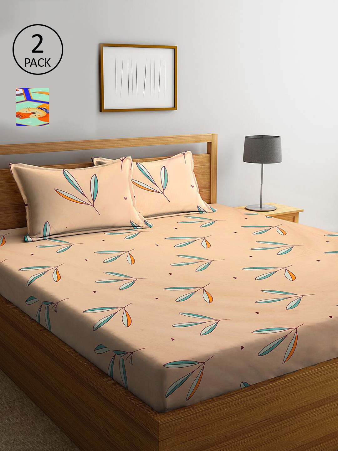 

KLOTTHE Peach-Coloured & Sea Green Floral 210 TC 2 King Bedsheet with 4 Pillow Covers
