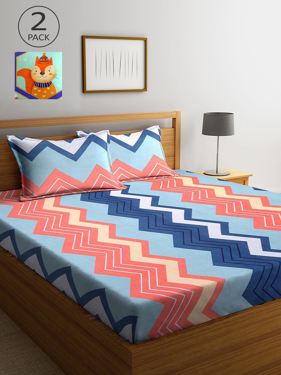

KLOTTHE Blue & Peach-Coloured Geometric 210 TC 2 King Bedsheet with 4 Pillow Covers