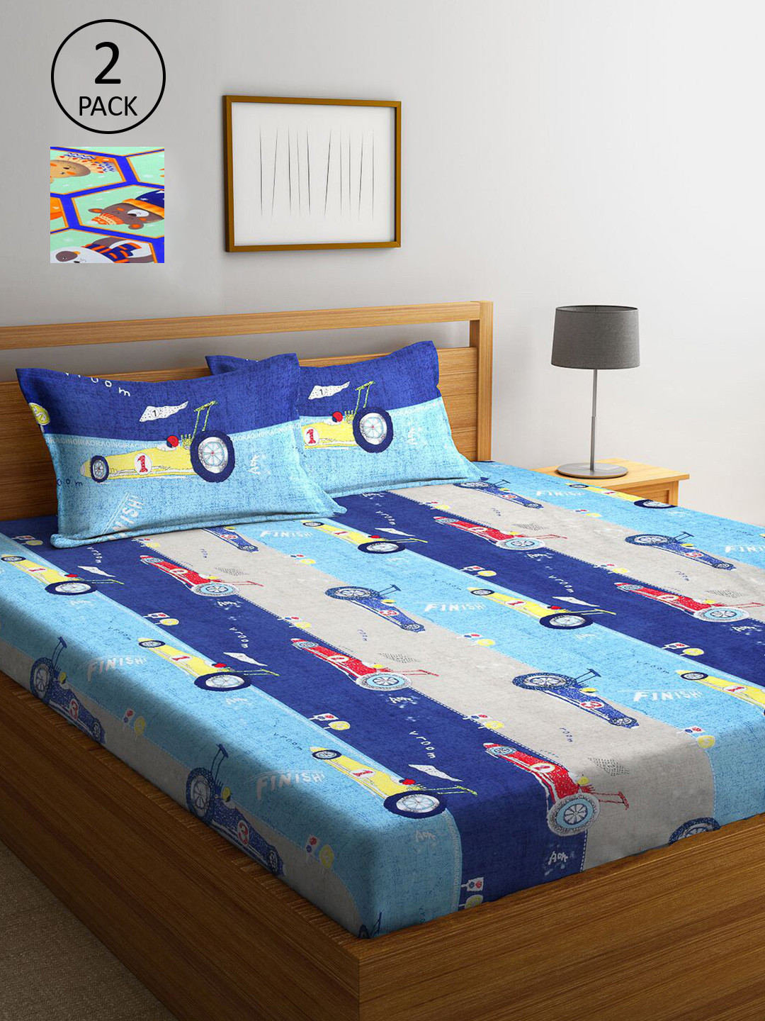 

KLOTTHE Blue & Green Cartoon Characters 210 TC 2 King Bedsheet with 4 Pillow Covers