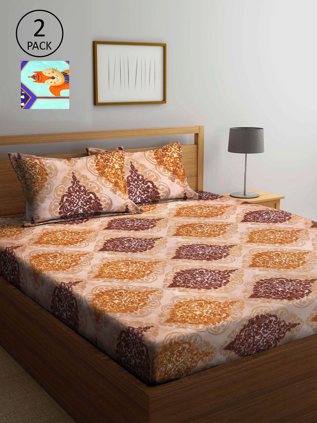 

KLOTTHE Beige & Green Ethnic Motifs 210 TC 2 King Bedsheet with 4 Pillow Covers