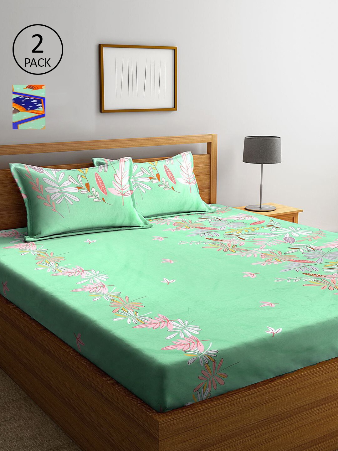 

KLOTTHE Green & Blue Floral 210 TC 2 King Bedsheet with 4 Pillow Covers