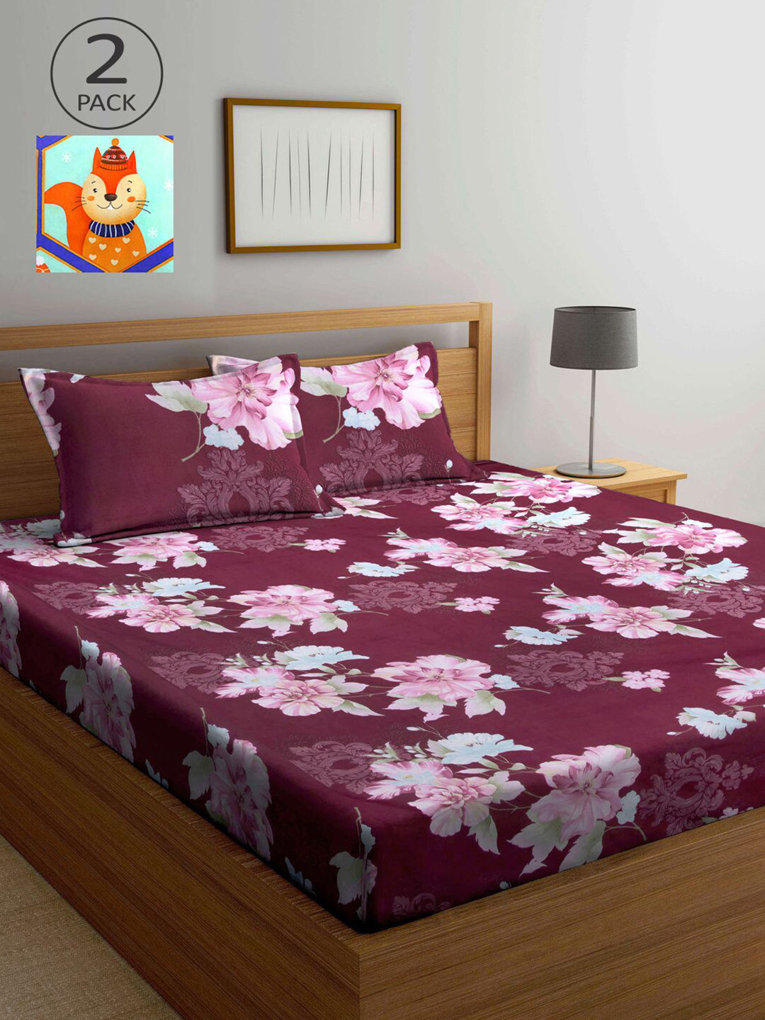 

KLOTTHE Green & Burgundy Floral 210 TC Set of 2 King Bedsheet with 4 Pillow Covers