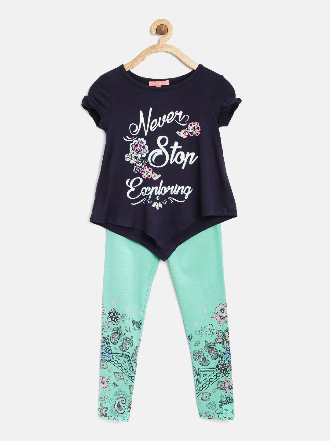 

Nauti Nati Girls Navy & Sea Green Printed Co-Ord Set, Navy blue