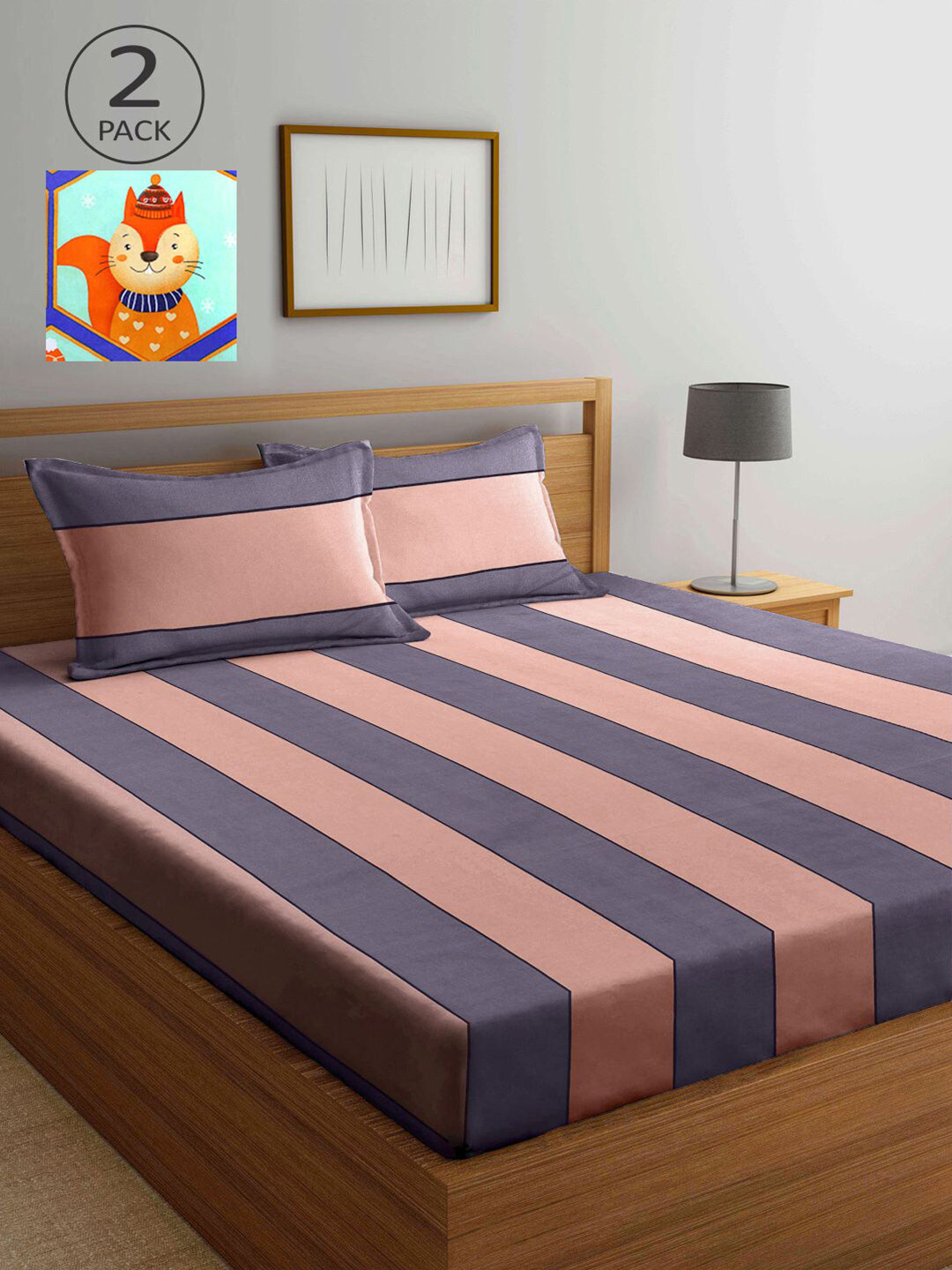 

KLOTTHE Multicoloured Striped 210 TC 2 King Bedsheet with 4 Pillow Covers, Multi