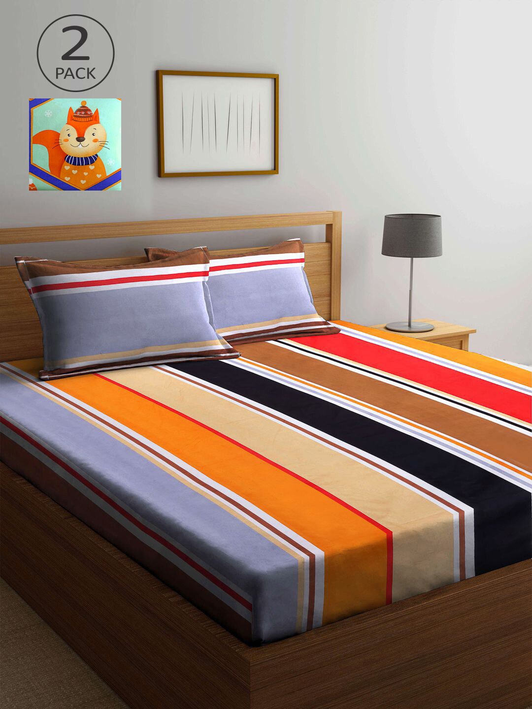 

KLOTTHE Multicoloured Striped 210 TC 2 King Bedsheet with 4 Pillow Covers, Multi