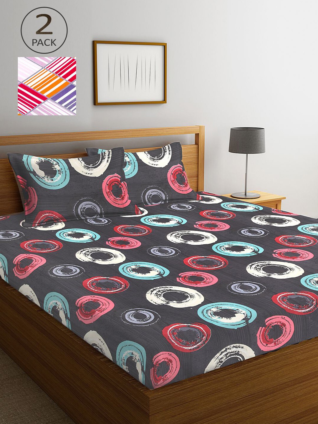

KLOTTHE Set of 2 Multicoloured Geometric 300 TC King Bedsheet with 4 Pillow Covers, Multi