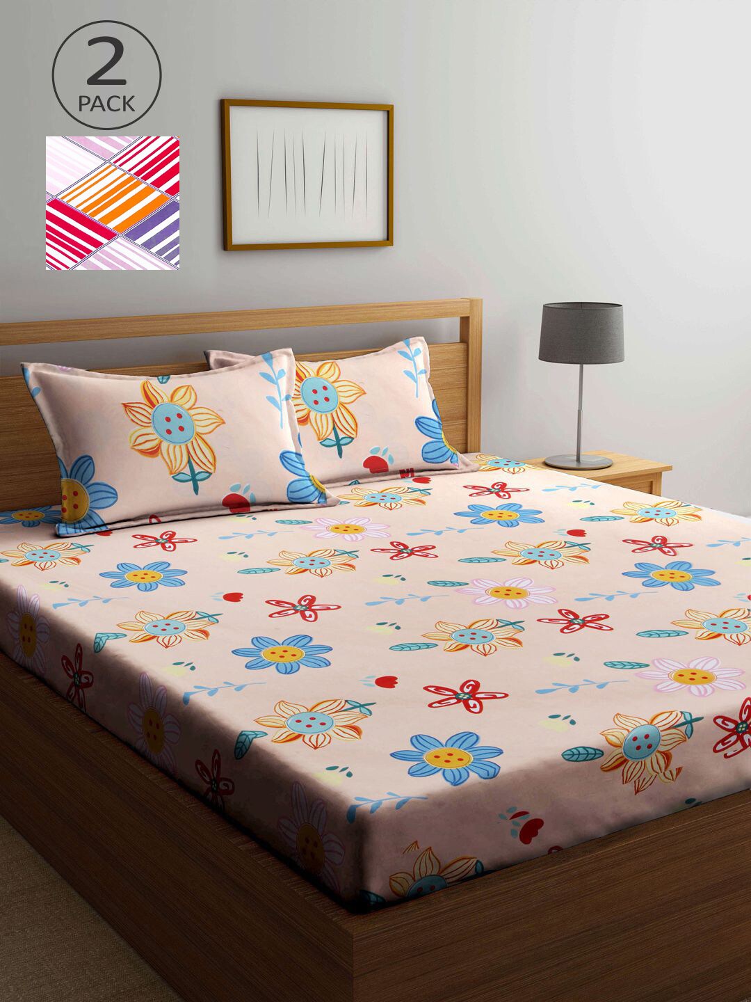 

KLOTTHE Multicoloured Floral 210 TC 2 King Bedsheet with 4 Pillow Covers, Multi