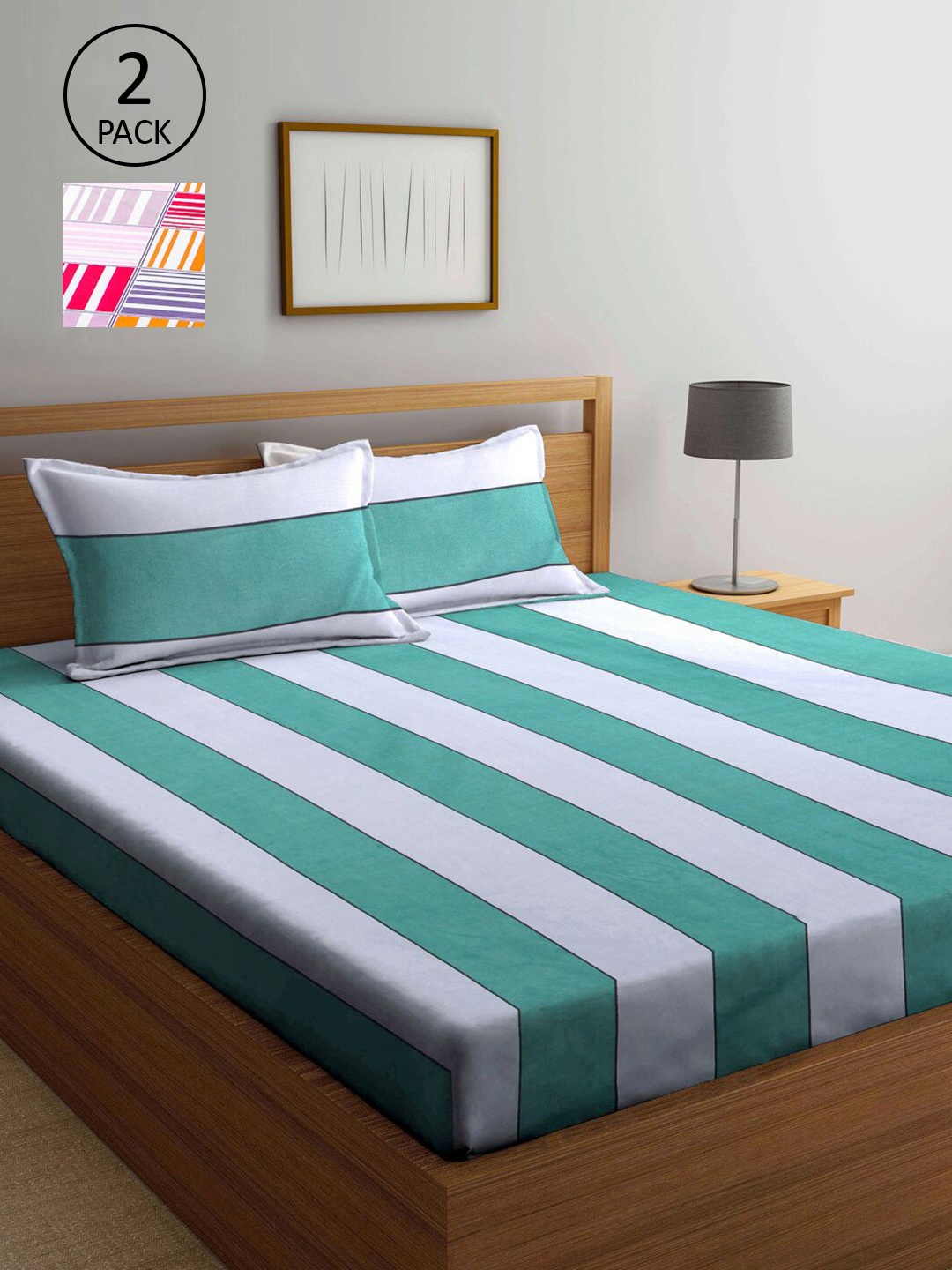 

KLOTTHE Multicoloured Striped 300 TC 2 King Bedsheet with 4 Pillow Covers, Multi