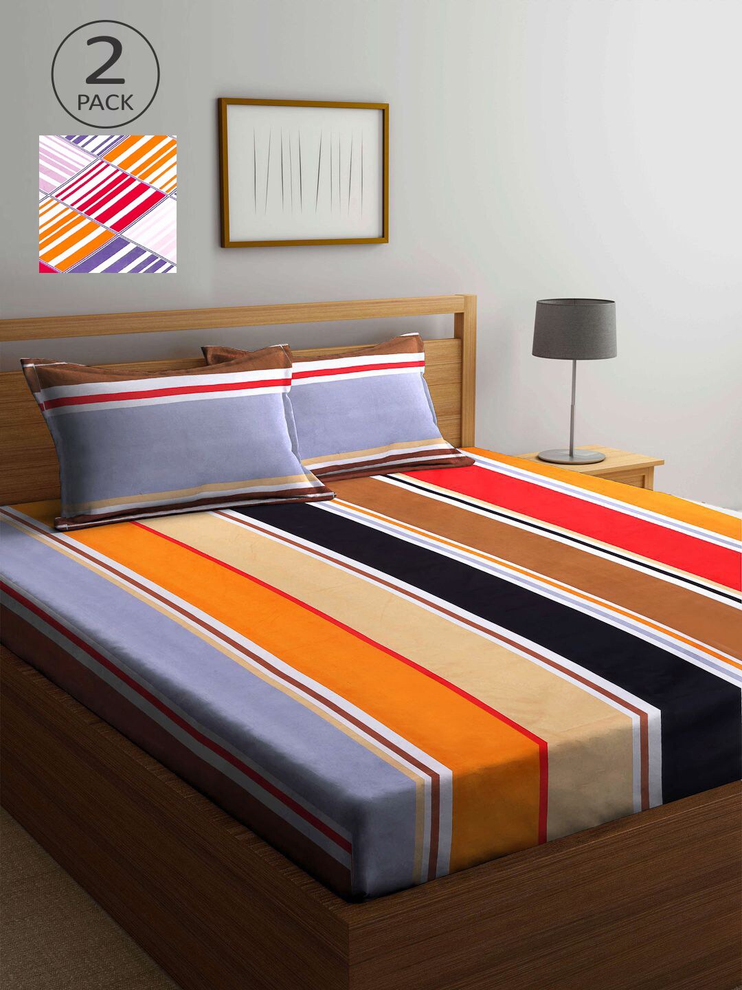 

KLOTTHE Multicoloured Striped 210 TC 2 King Bedsheet with 4 Pillow Covers, Multi