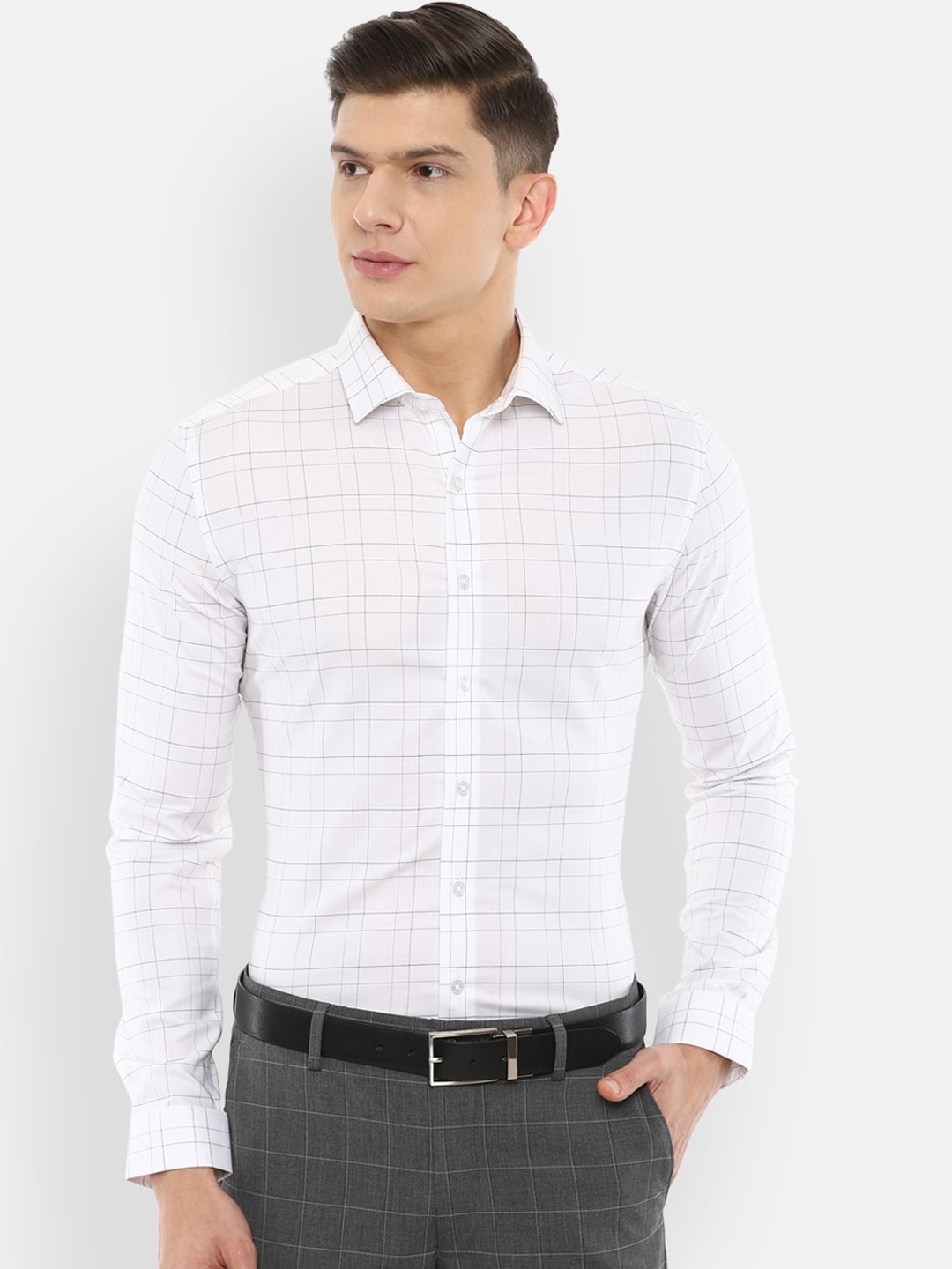 

Louis Philippe Permapress Men White Slim Fit Windowpane Checked Formal Cotton Shirt