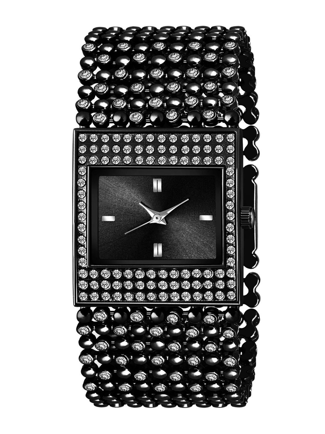 

HAPPY KHAJANA Women Black Brass Dial & Black Stainless Steel Straps Analogue Watch