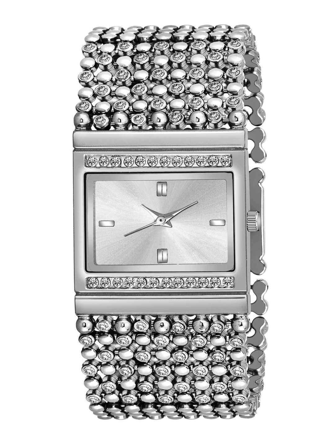 

HAPPY KHAJANA Women Silver-Toned Brass Embellished Dial & Silver Toned Stainless Steel Bracelet Style Straps Watch LADIES_615-Silver