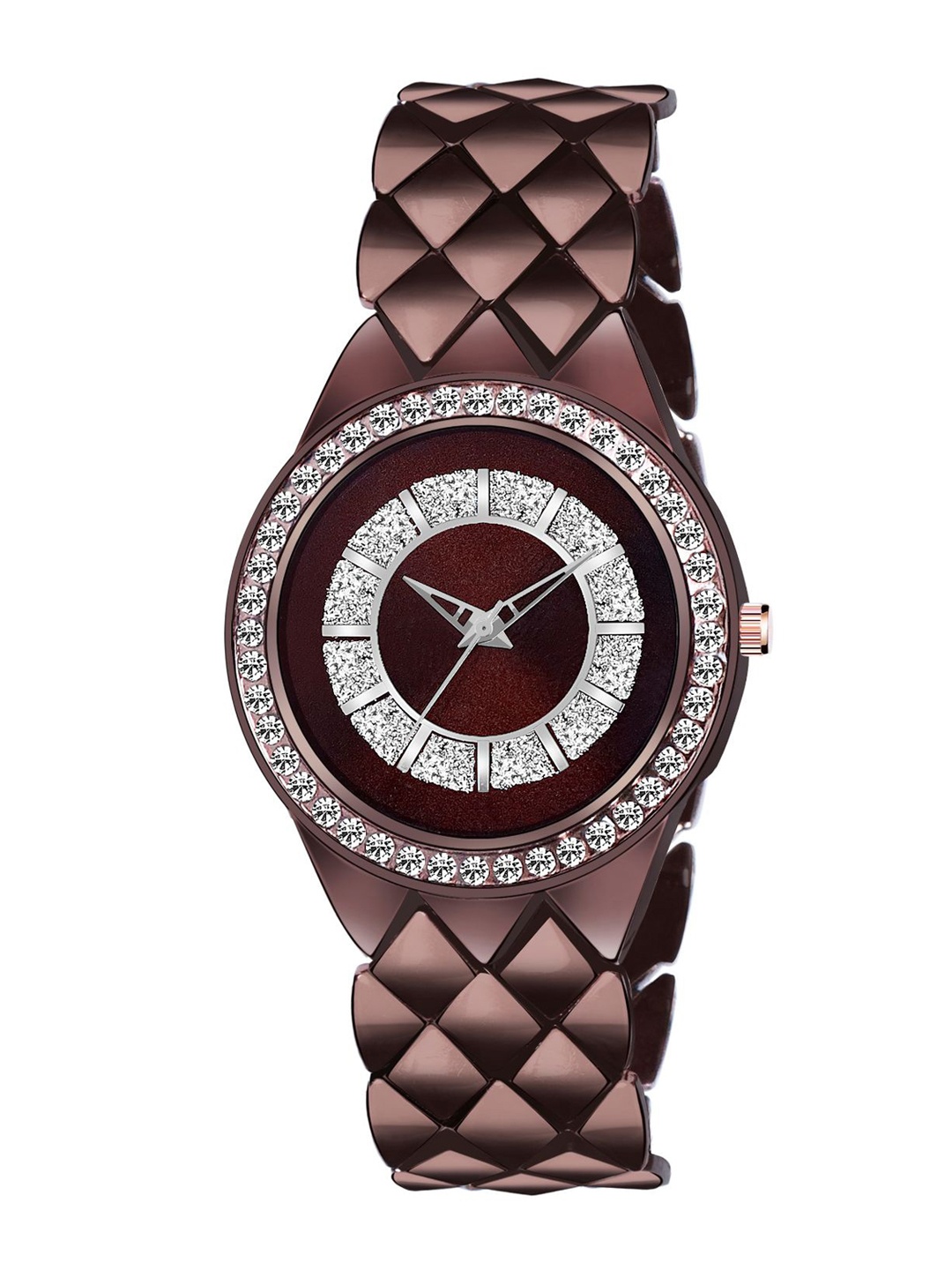 

HAPPY KHAJANA Women Brown Brass Embellished Dial & Brown Stainless Steel Bracelet Style Straps Analogue Watch