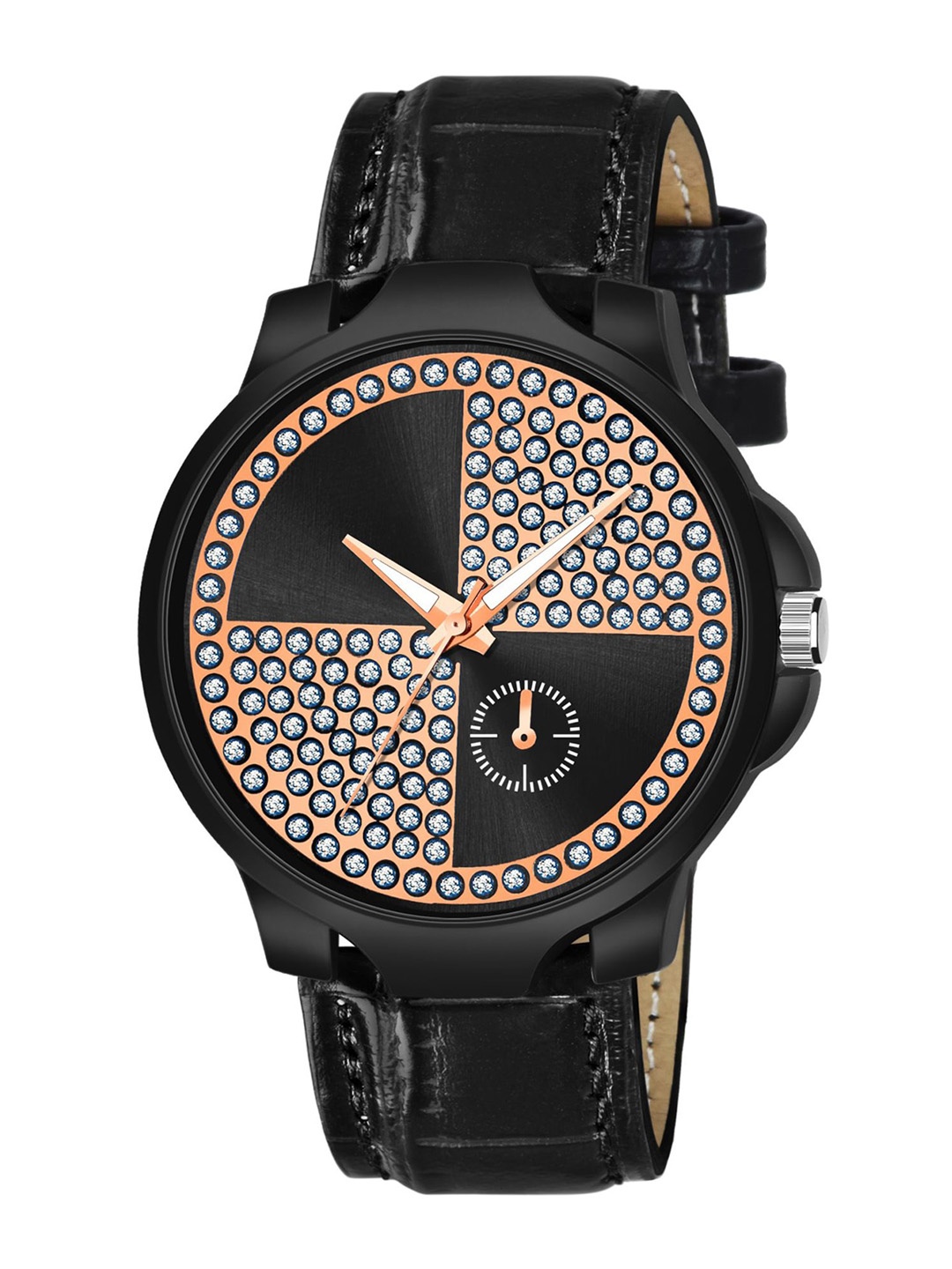

HAPPY KHAJANA Men Bronze-Toned Brass Embellished Dial & Black Straps Analogue Watch