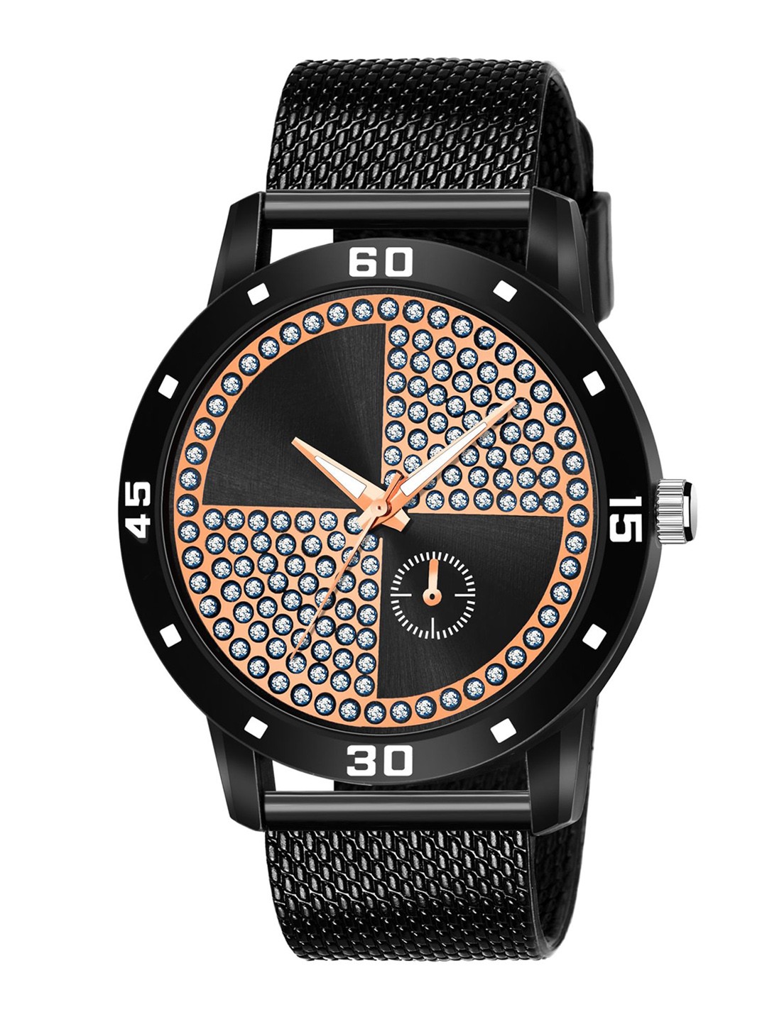 

HAPPY KHAJANA Men Black Brass Embellished Dial & Black Straps Analogue Watch