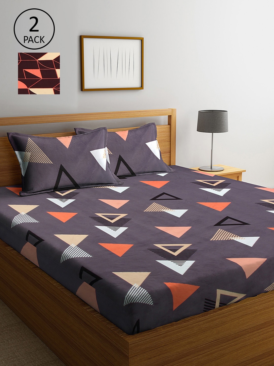 

KLOTTHE Brown & Charcoal Geometric 210 TC 2 King Bedsheet with 4 Pillow Covers