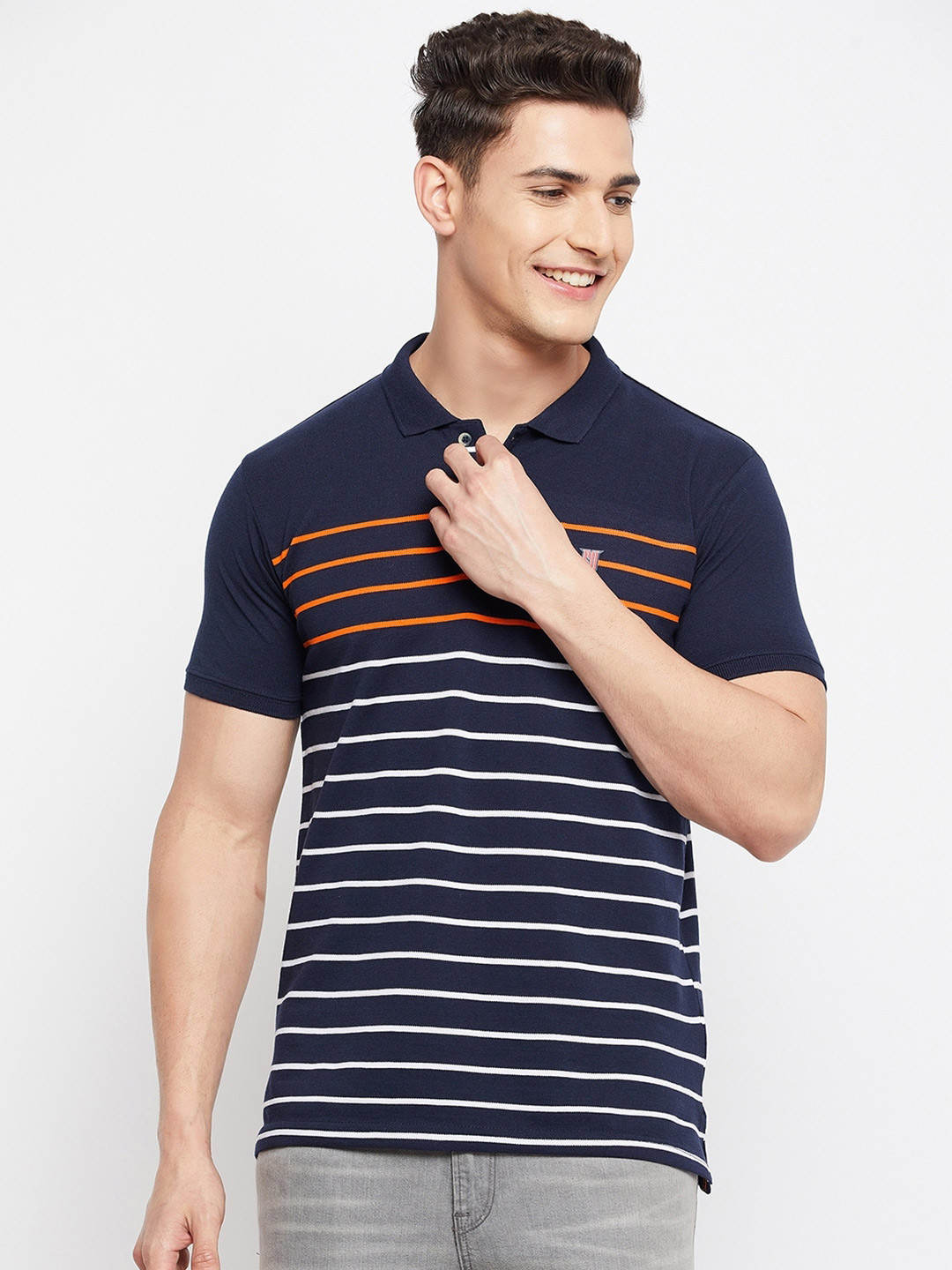 

Duke Men Blue & White Striped Polo Collar Cotton Slim Fit T-shirt