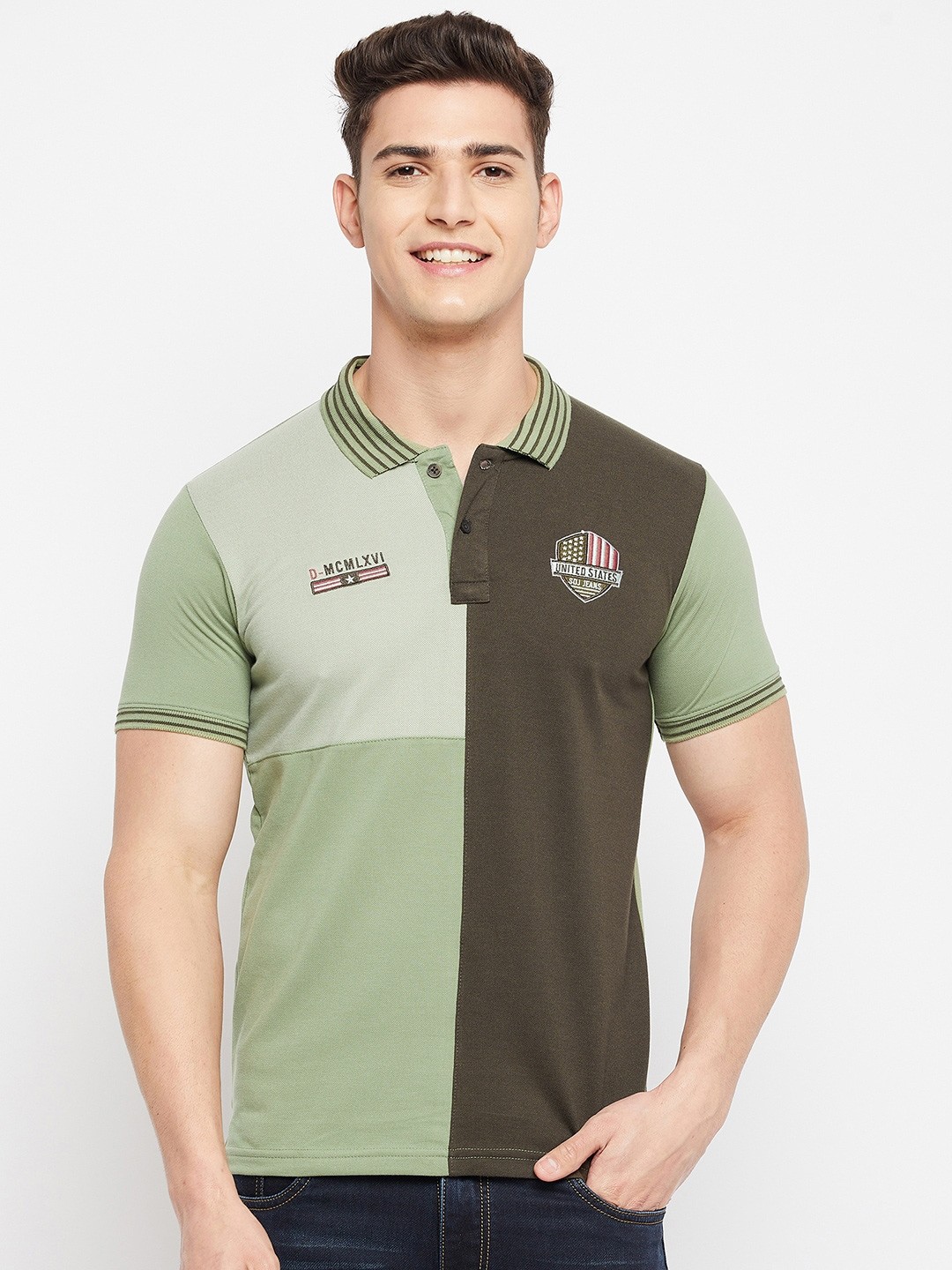 

Duke Men Green Colourblocked Polo Collar Cotton Slim Fit T-shirt